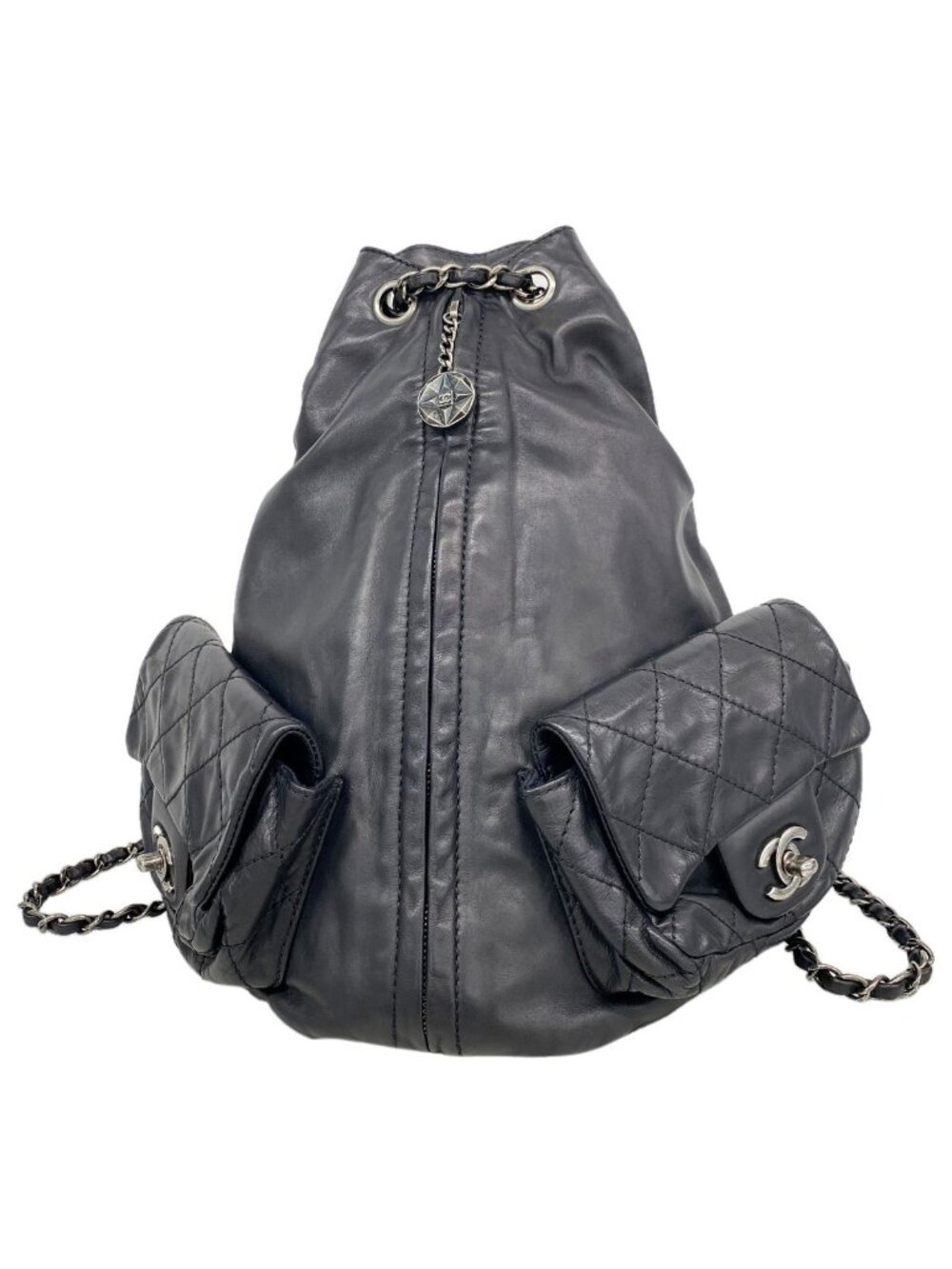 Chanel Backpack Quilted Leather Black Silver